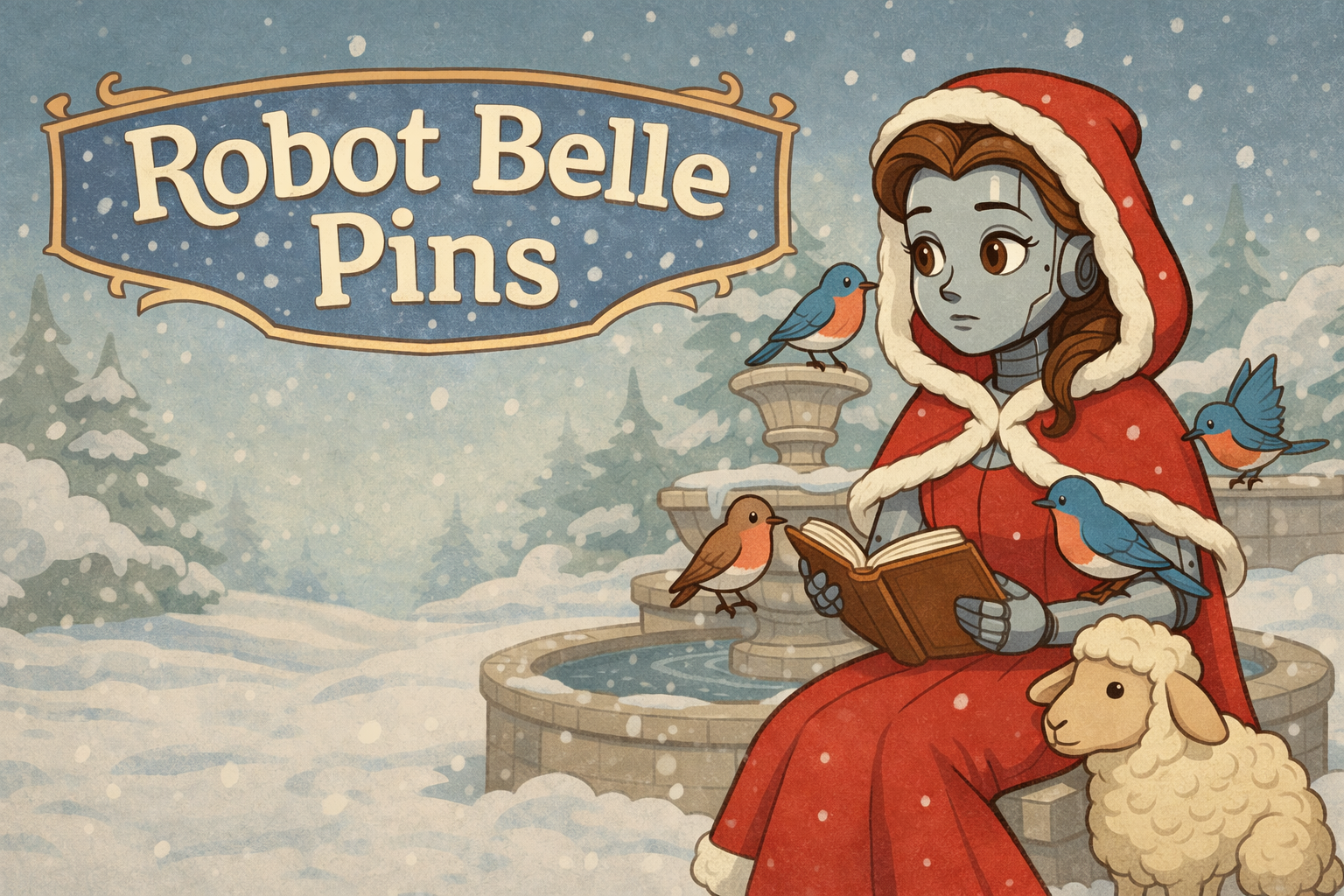 Robot Belle reading with woodland friends in a snowy storybook garden